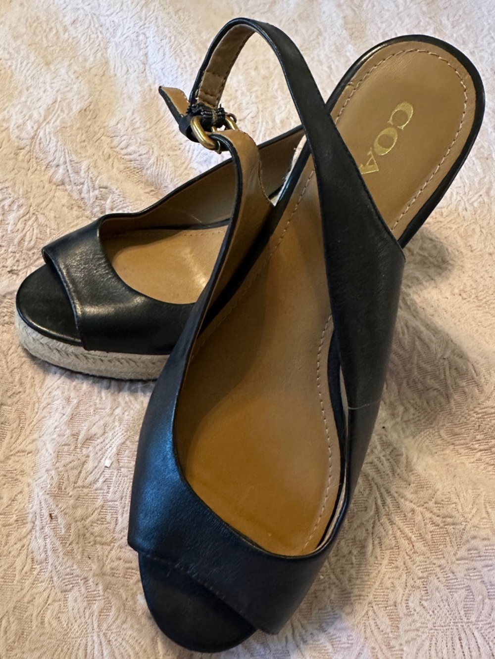 Coach Black Leather Peep-Toe Slingback Wedges with Espadrille Sole